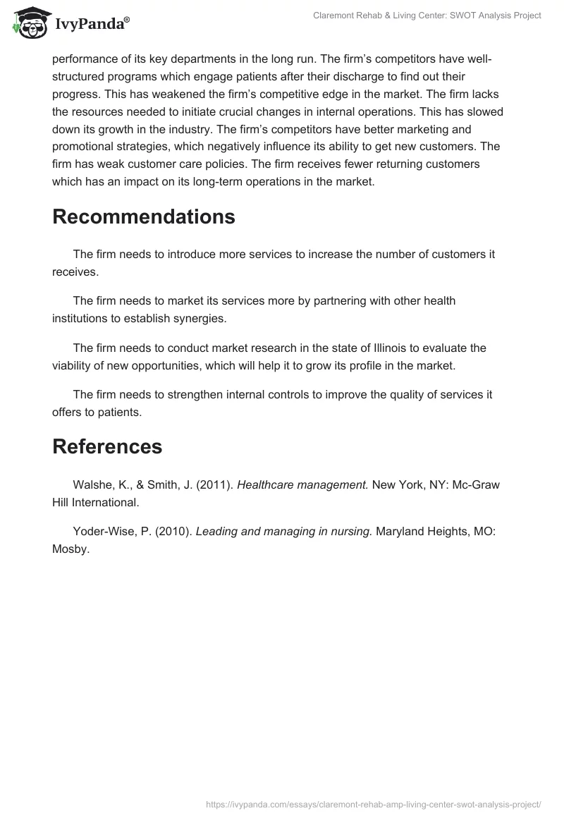 Claremont Rehab & Living Center: SWOT Analysis Project. Page 3