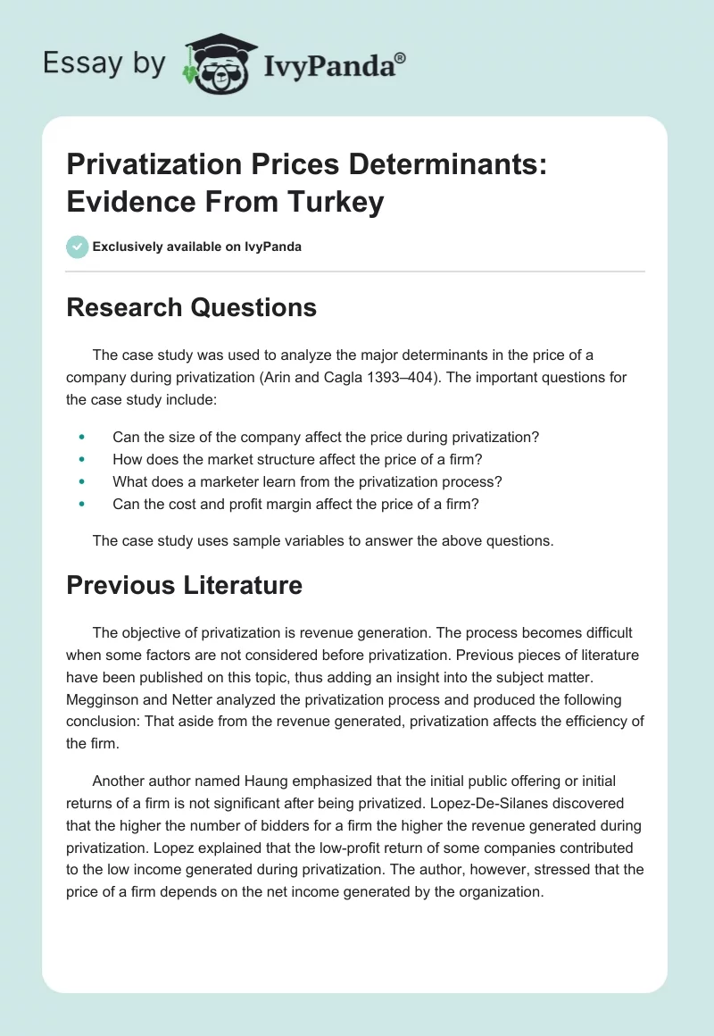 Privatization Prices Determinants: Evidence From Turkey. Page 1