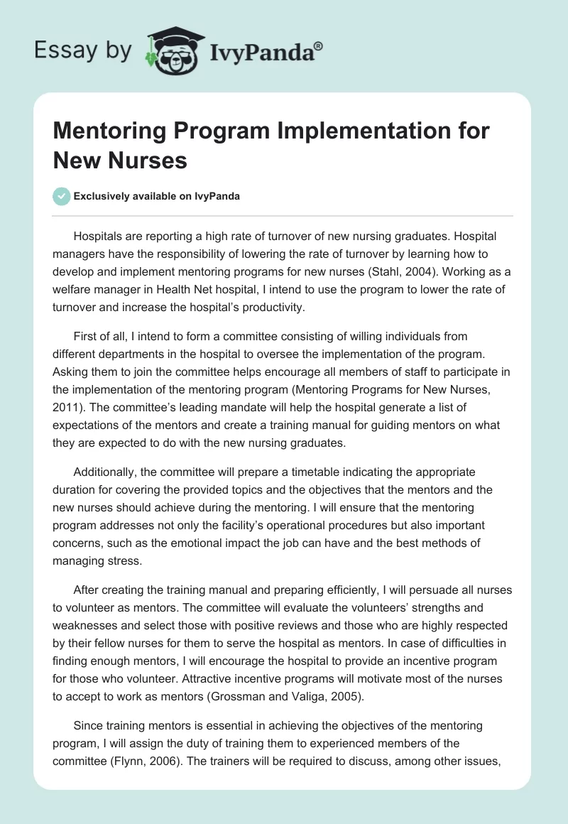 Mentoring Program Implementation for New Nurses. Page 1