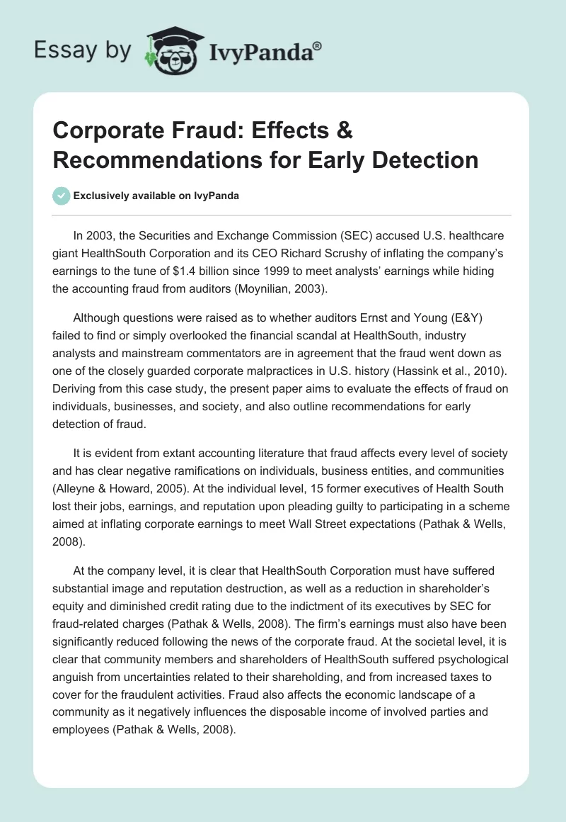 Corporate Fraud: Effects & Recommendations for Early Detection. Page 1