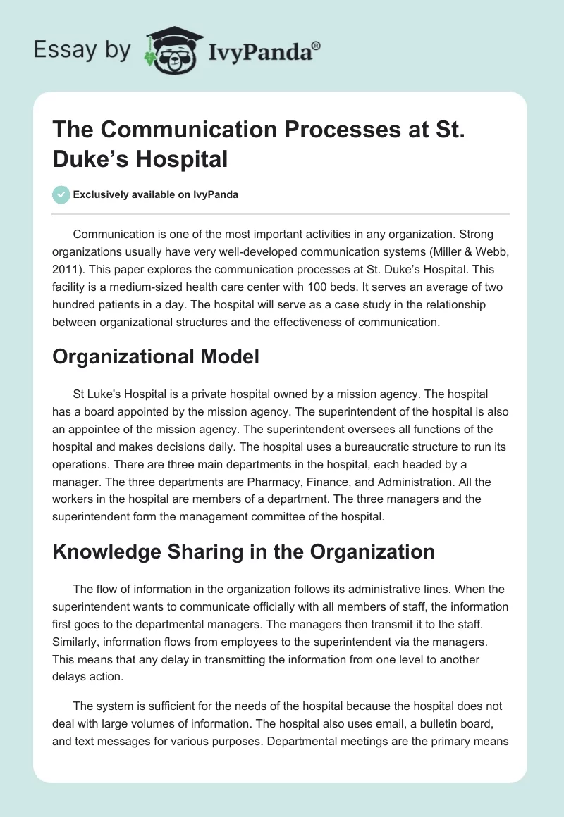 The Communication Processes at St. Duke’s Hospital. Page 1
