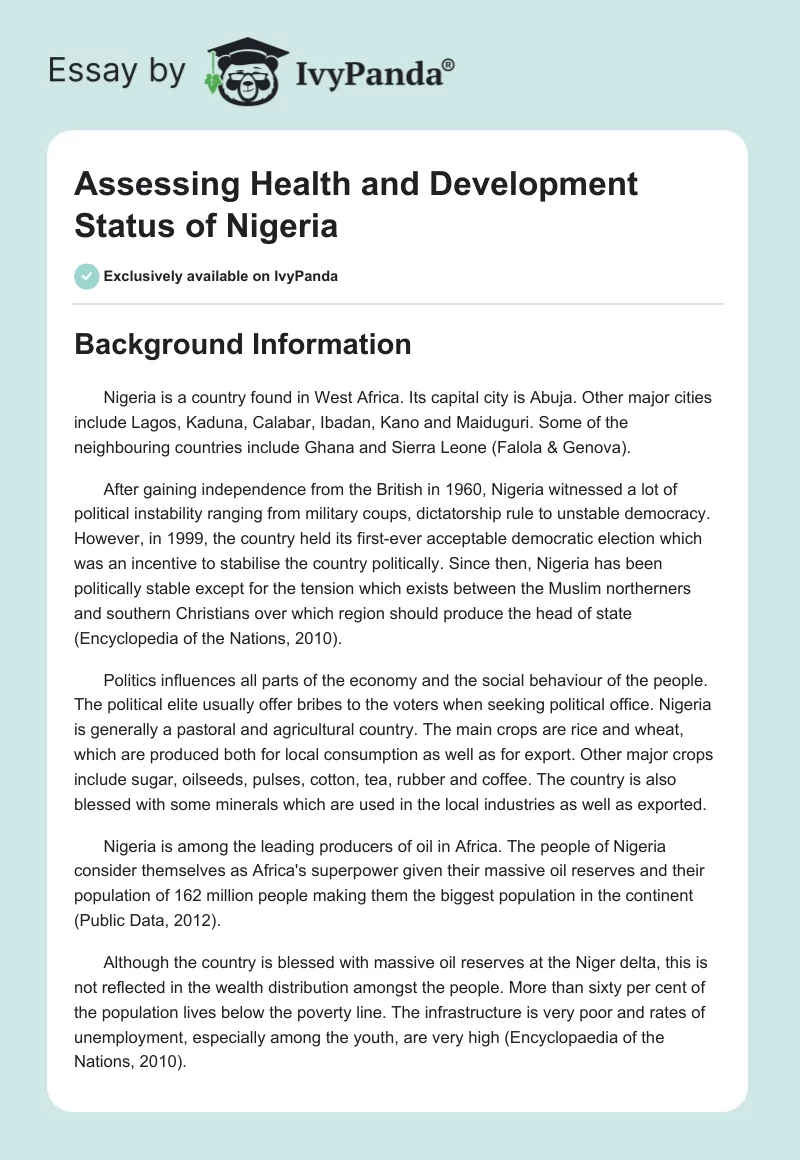 Assessing Health and Development Status of Nigeria. Page 1