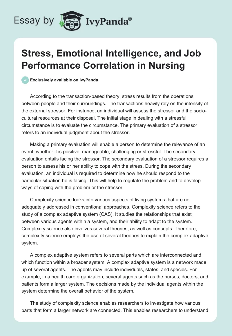 Stress, Emotional Intelligence, and Job Performance Correlation in Nursing. Page 1