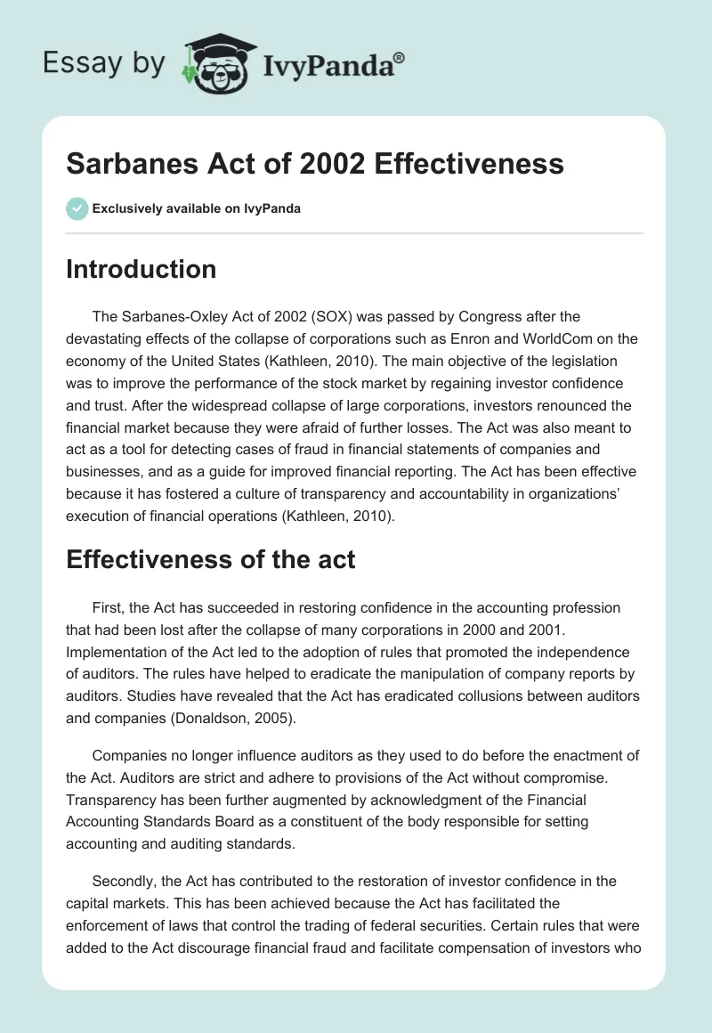 Sarbanes Act of 2002 Effectiveness. Page 1