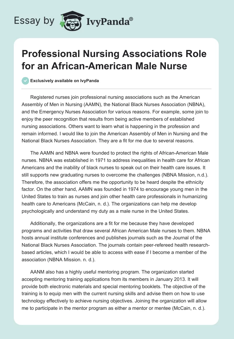 Professional Nursing Associations Role for an African-American Male Nurse. Page 1