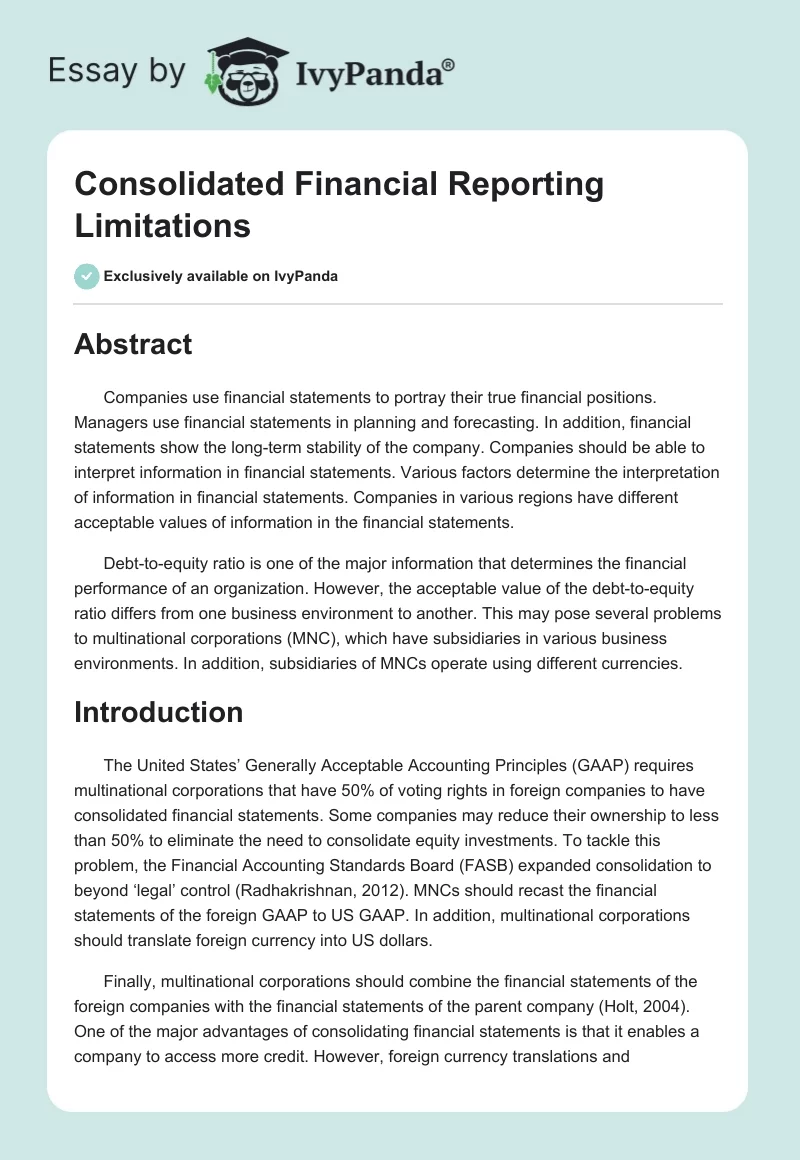 Consolidated Financial Reporting Limitations. Page 1