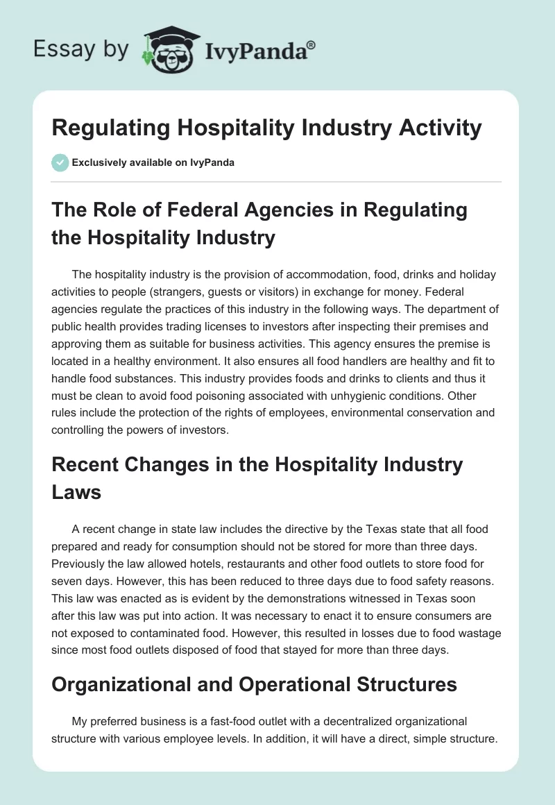 Regulating Hospitality Industry Activity. Page 1