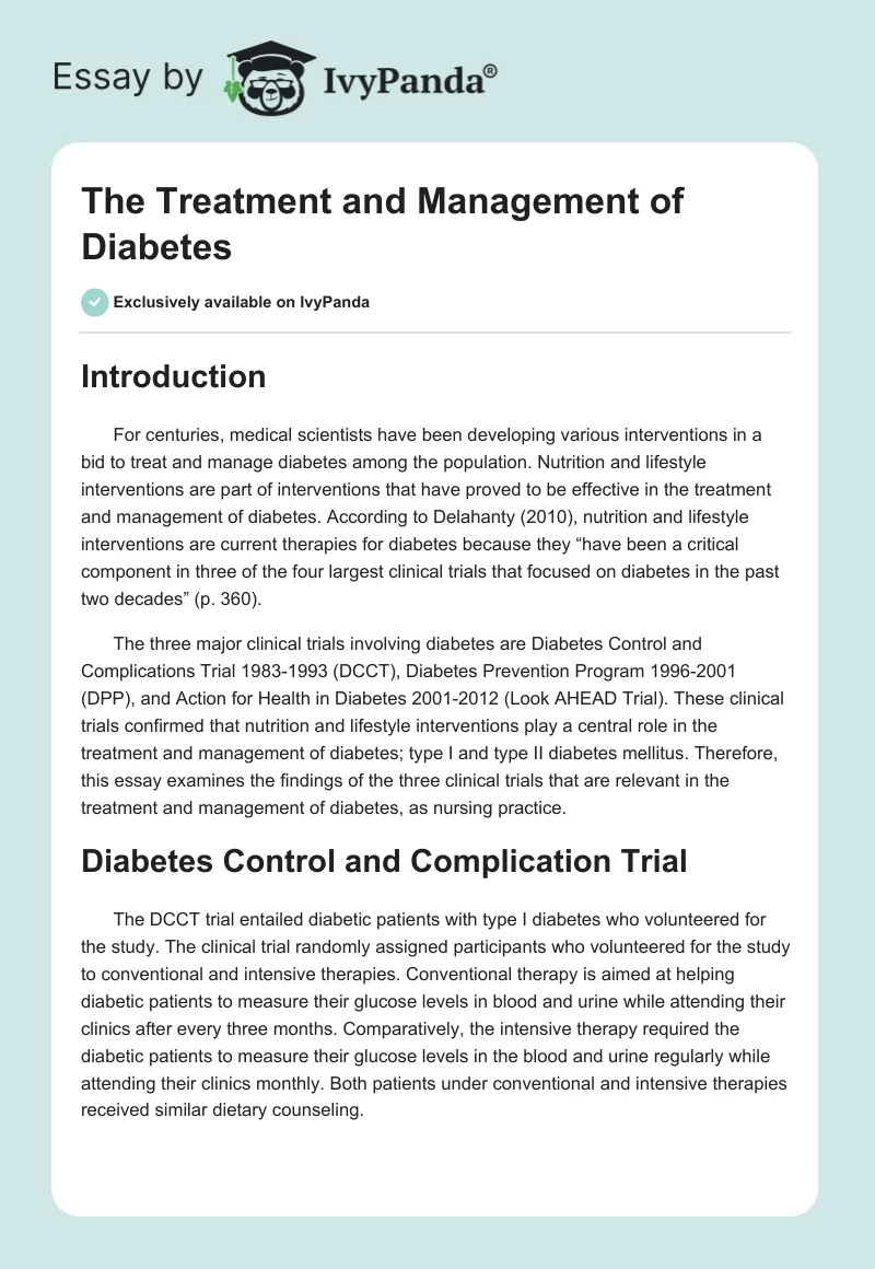 The Treatment and Management of Diabetes. Page 1
