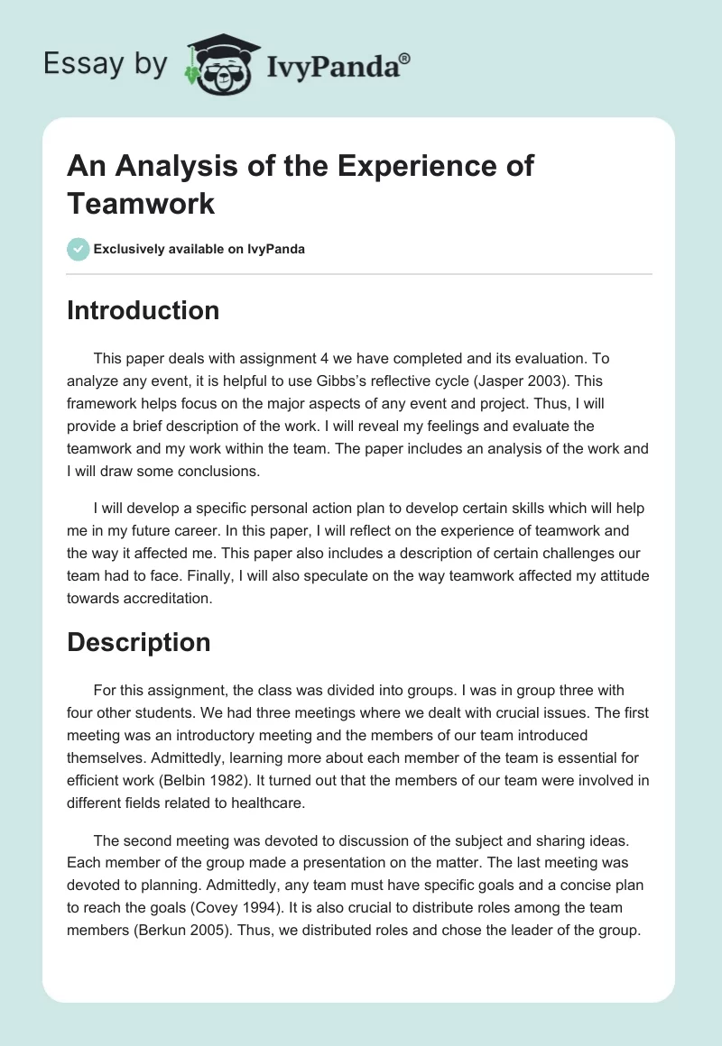 An Analysis of the Experience of Teamwork. Page 1