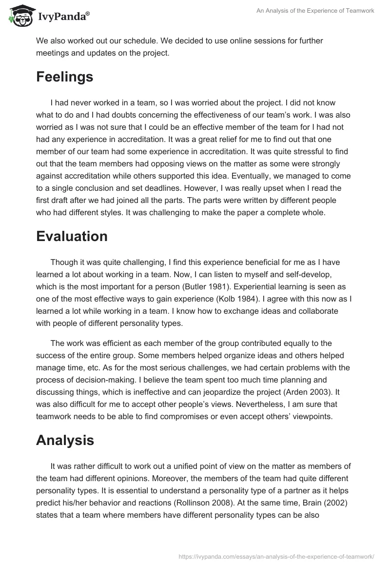 An Analysis of the Experience of Teamwork. Page 2