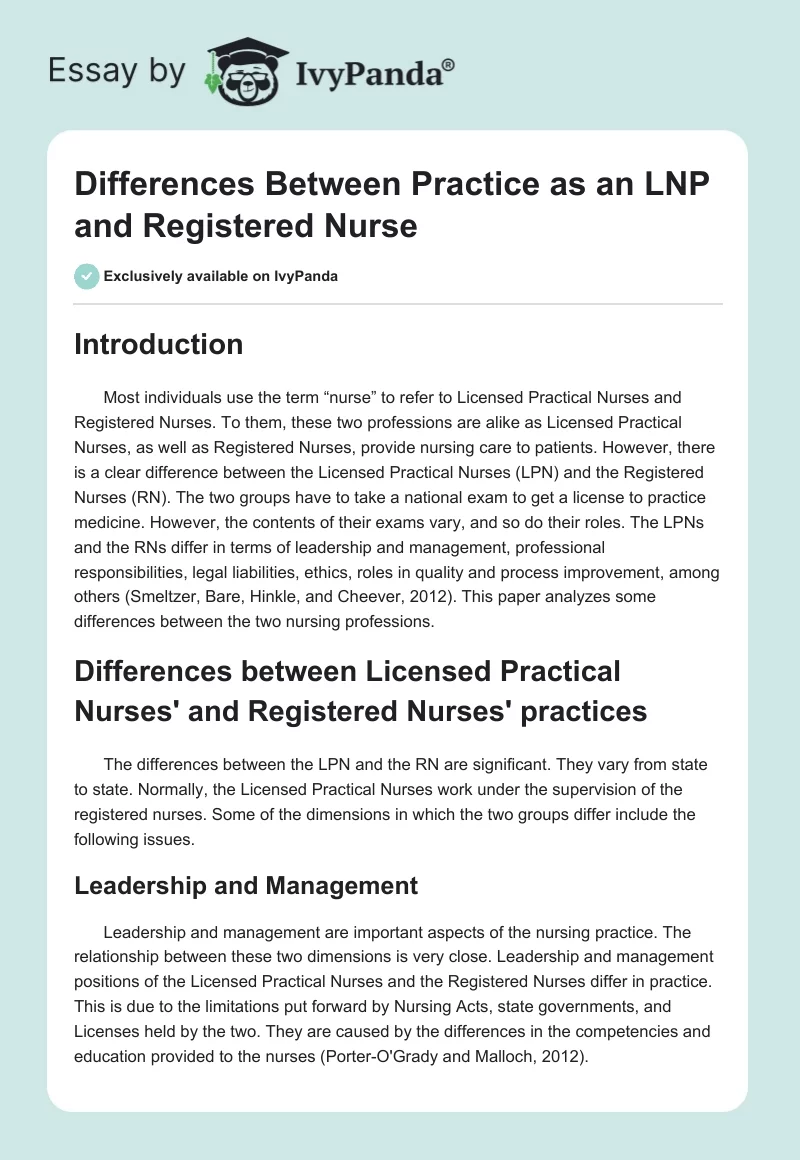 Differences Between Practice as an LNP and Registered Nurse. Page 1