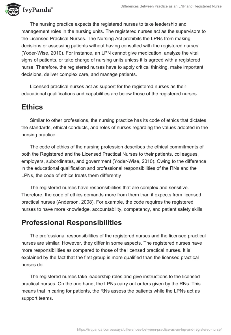 Differences Between Practice as an LNP and Registered Nurse. Page 2