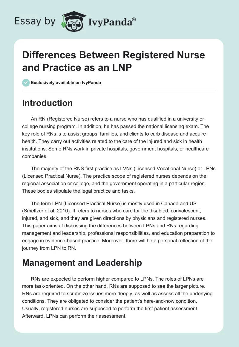 Differences Between Registered Nurse and Practice as an LNP. Page 1