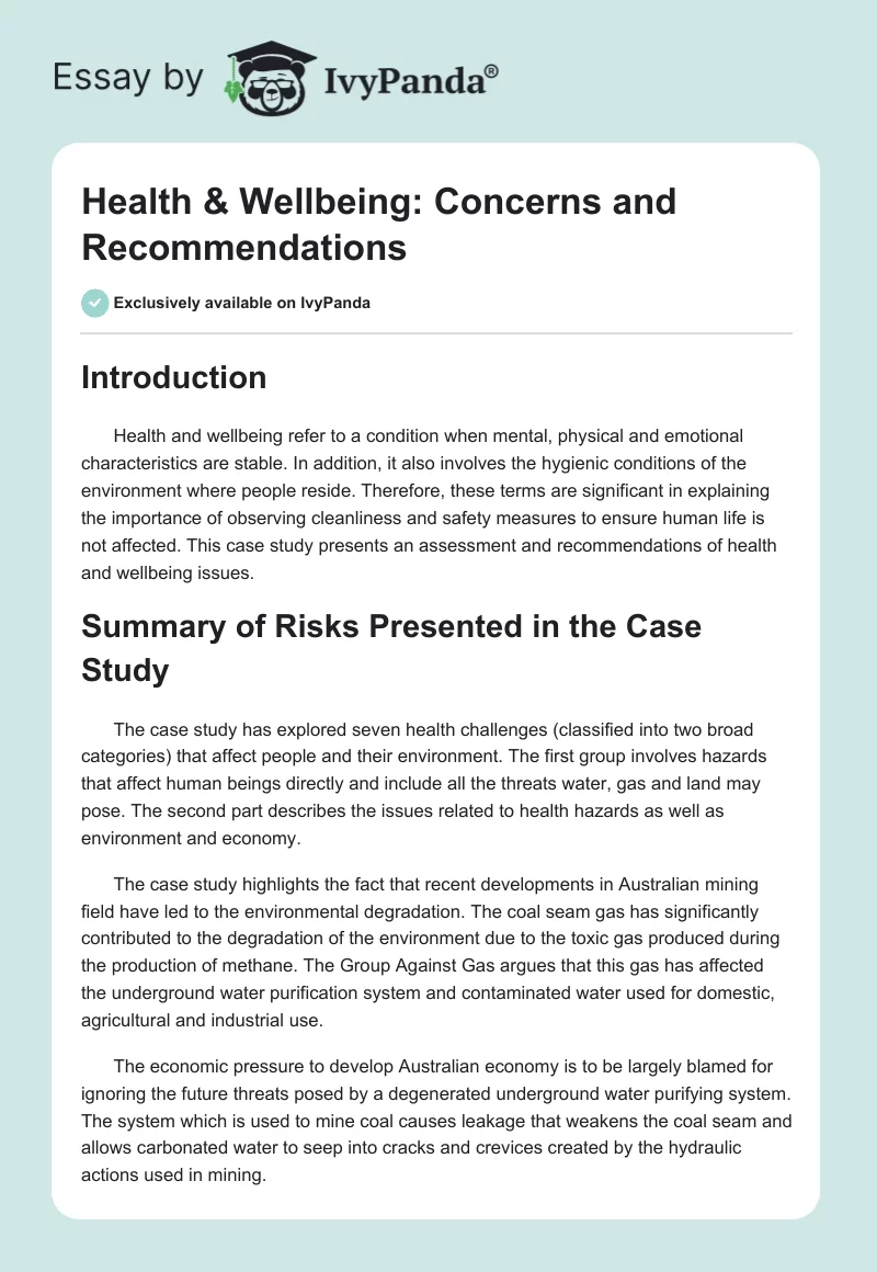 Health & Wellbeing: Concerns and Recommendations. Page 1