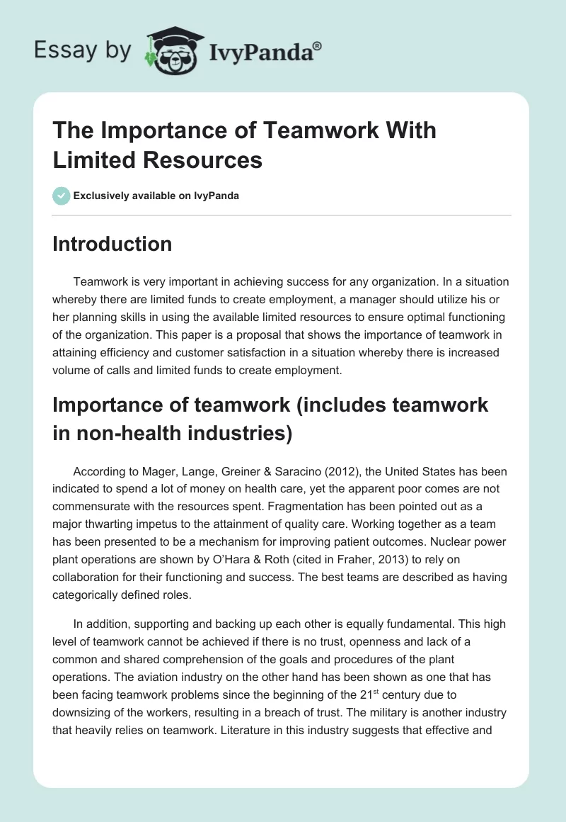 The Importance of Teamwork With Limited Resources. Page 1