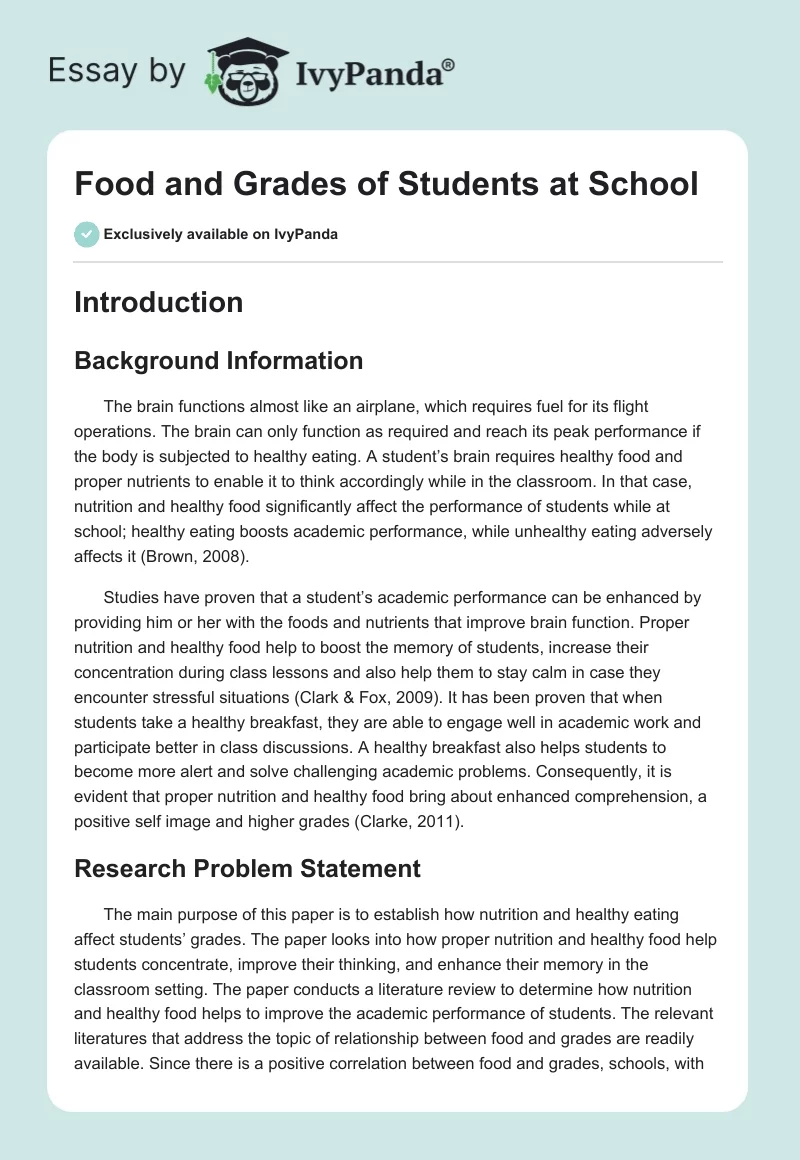 Food and Grades of Students at School. Page 1