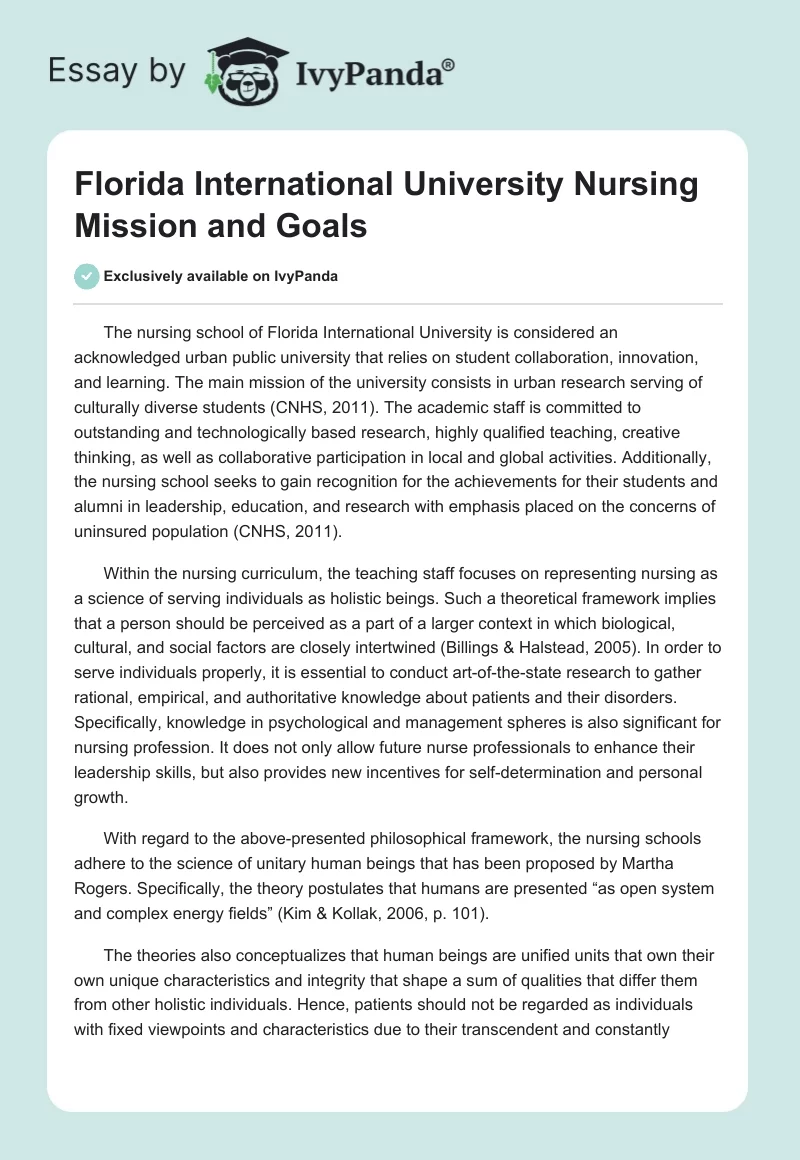Florida International University Nursing Mission and Goals. Page 1
