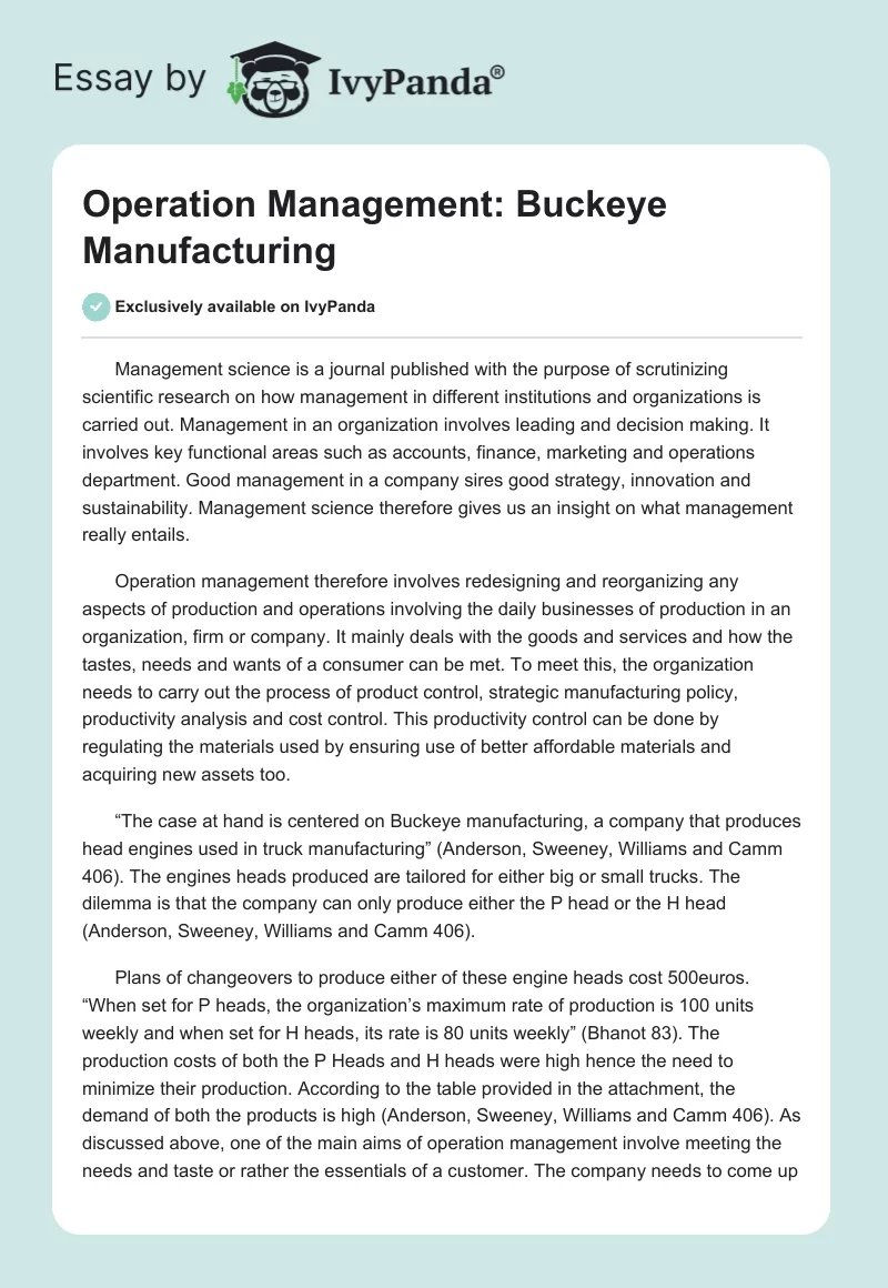 Operation Management: Buckeye Manufacturing. Page 1