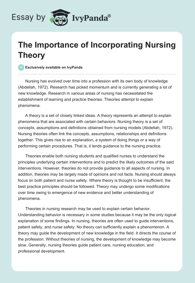 The Importance of Incorporating Nursing Theory. Page 1