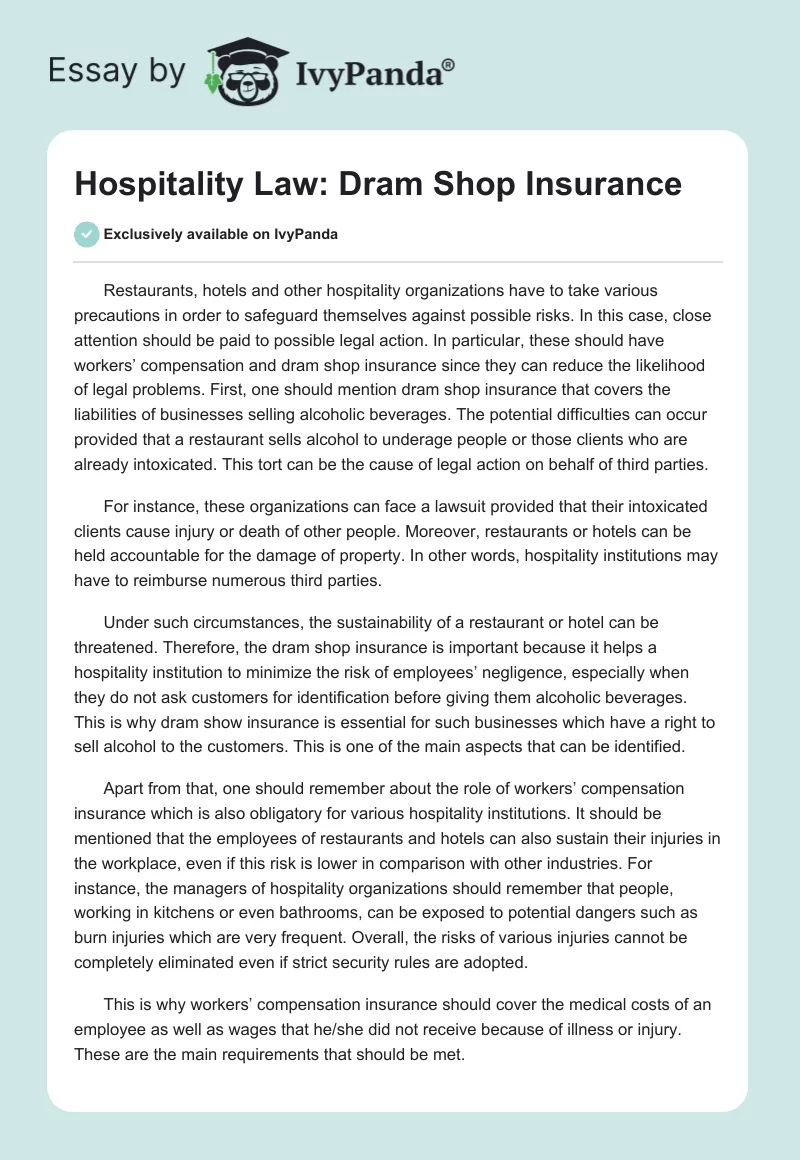 Hospitality Law: Dram Shop Insurance. Page 1
