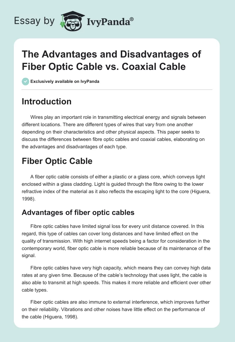The Advantages and Disadvantages of Fiber Optic Cable vs. Coaxial Cable. Page 1