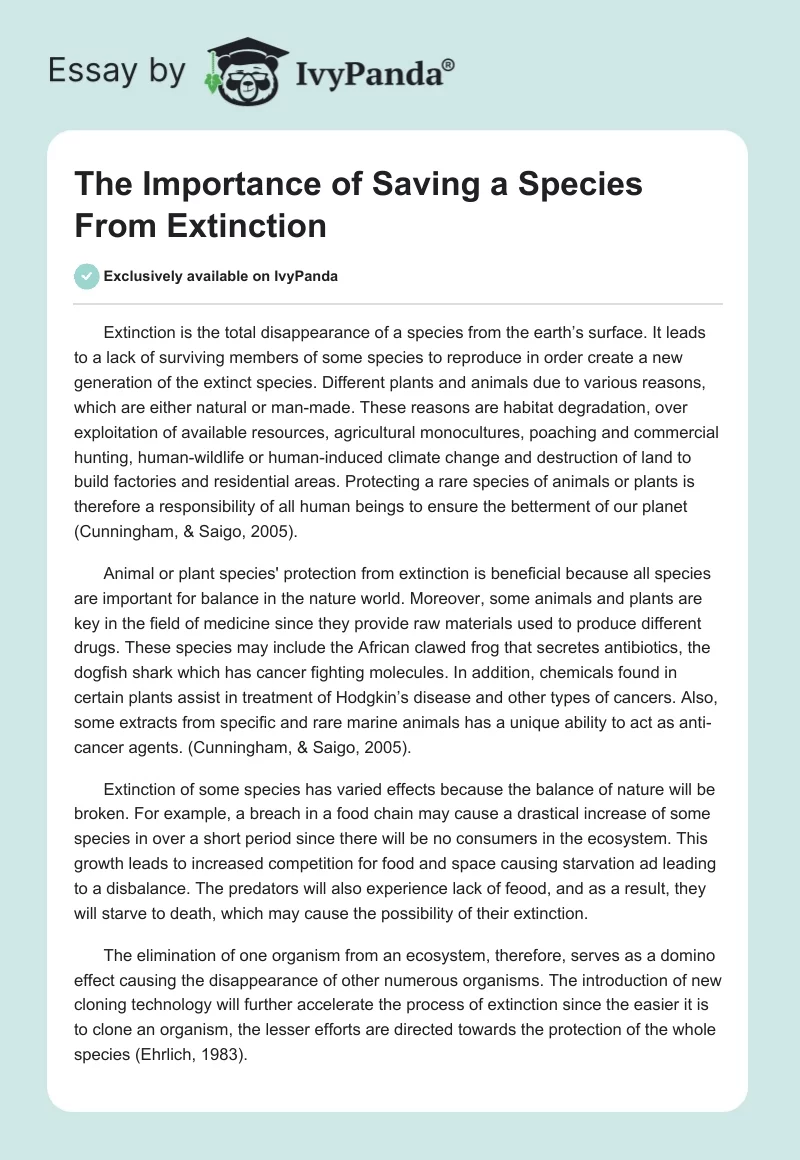 The Importance of Saving a Species From Extinction. Page 1
