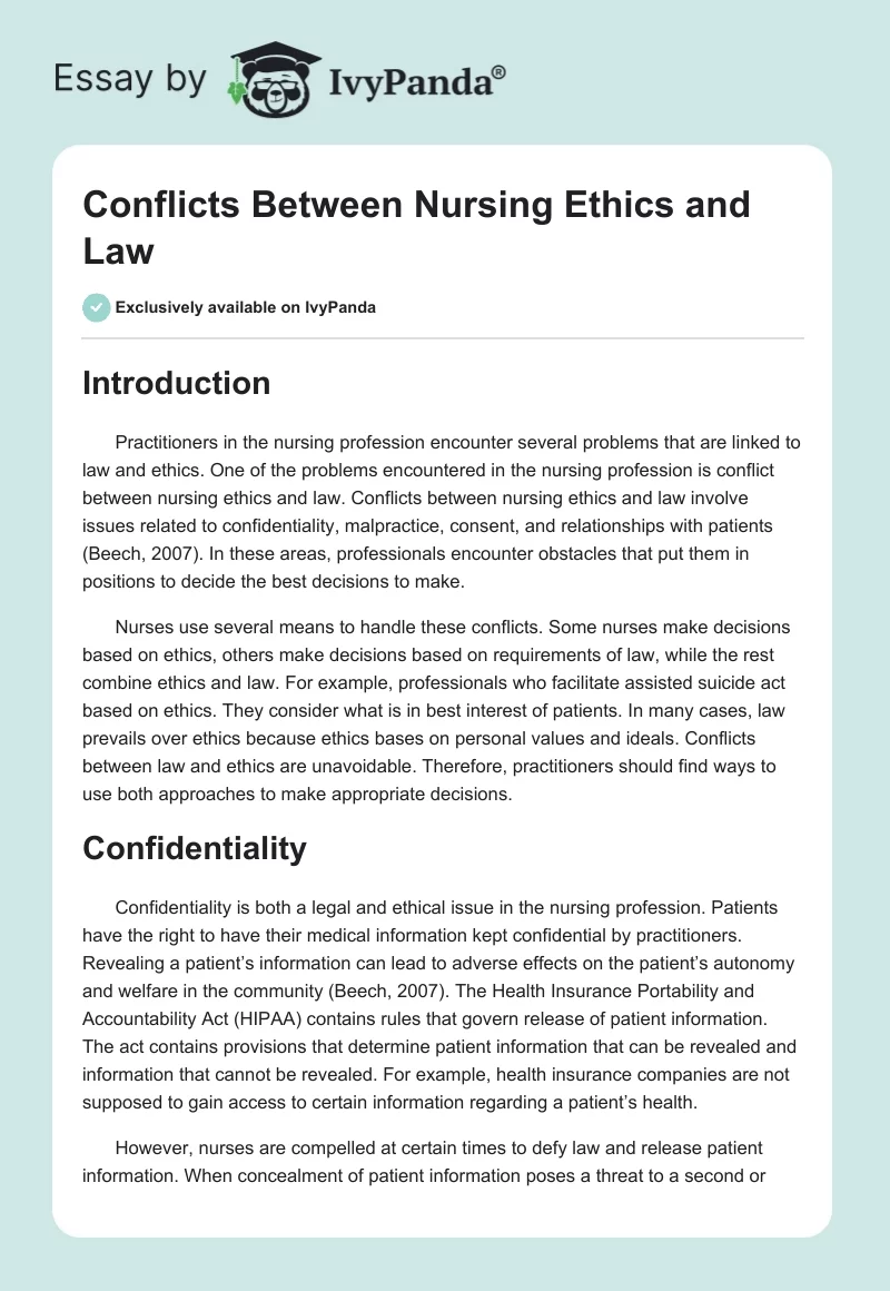 Conflicts Between Nursing Ethics and Law. Page 1