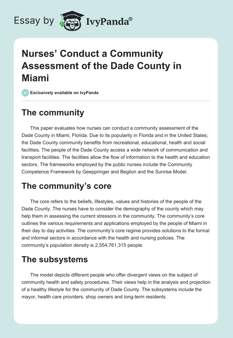 Nurses’ Conduct a Community Assessment of the Dade County in Miami. Page 1