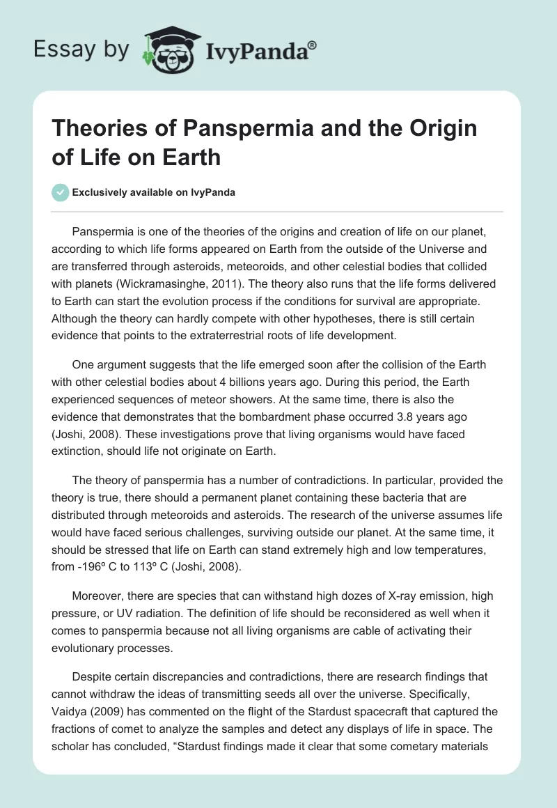 Theories of Panspermia and the Origin of Life on Earth. Page 1