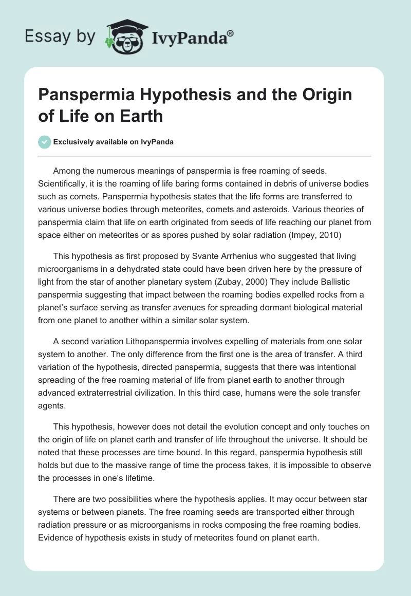 Panspermia Hypothesis and the Origin of Life on Earth. Page 1
