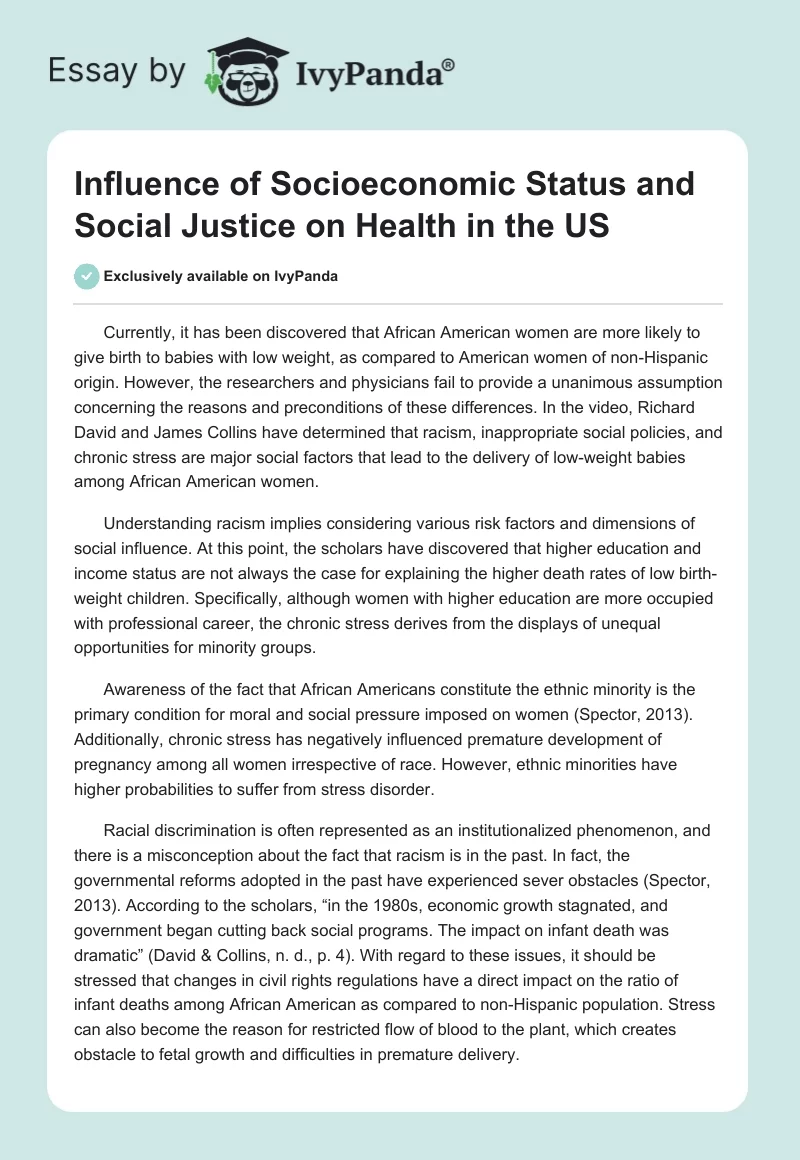 Influence of Socioeconomic Status and Social Justice on Health in the US. Page 1