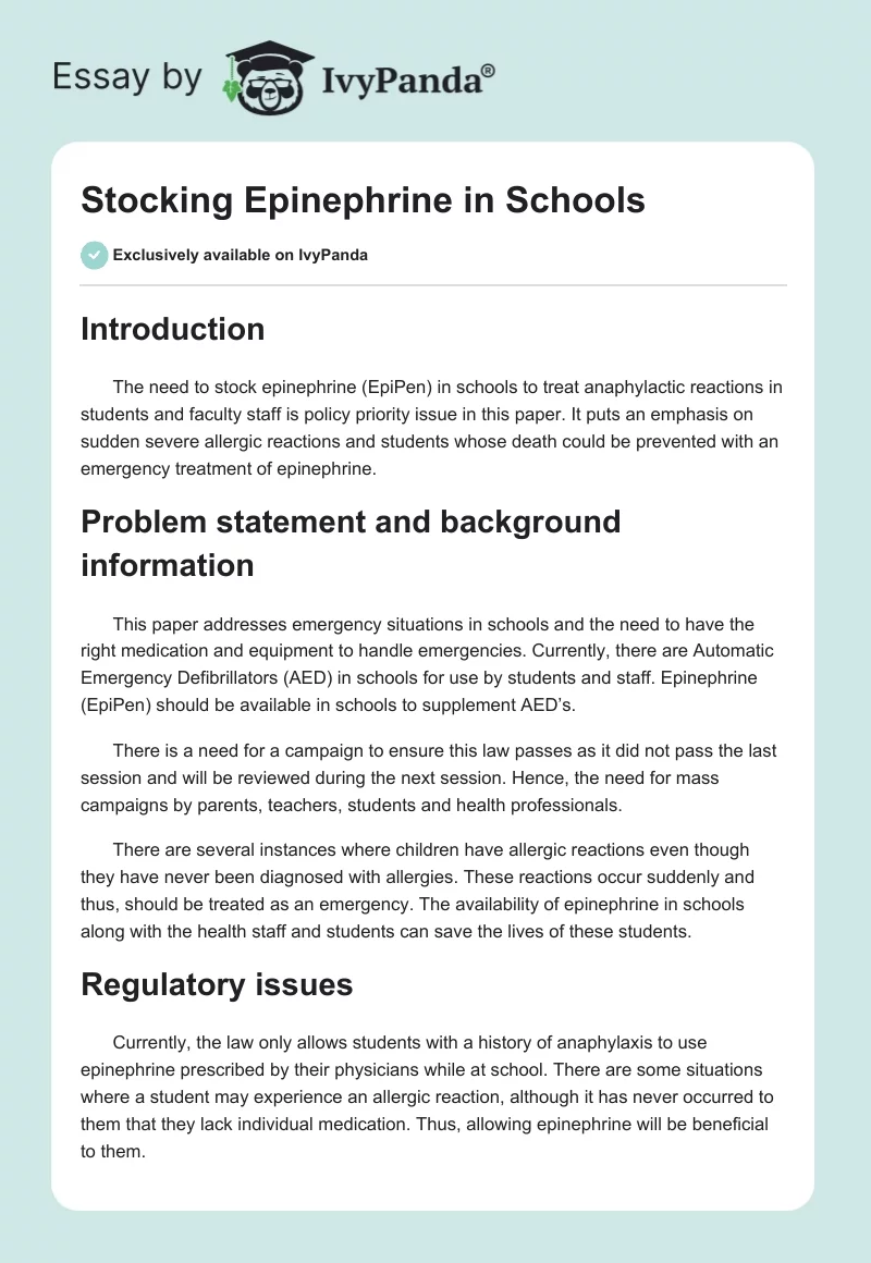 Stocking Epinephrine in Schools. Page 1