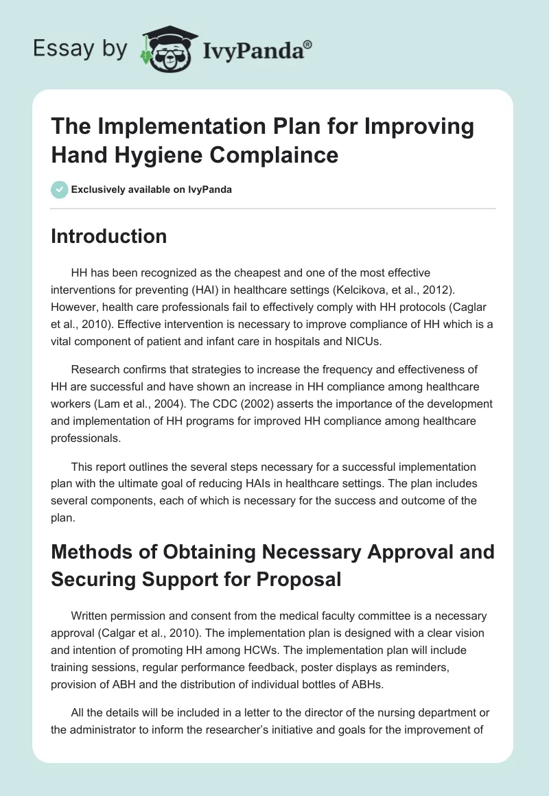 The Implementation Plan for Improving Hand Hygiene Complaince. Page 1