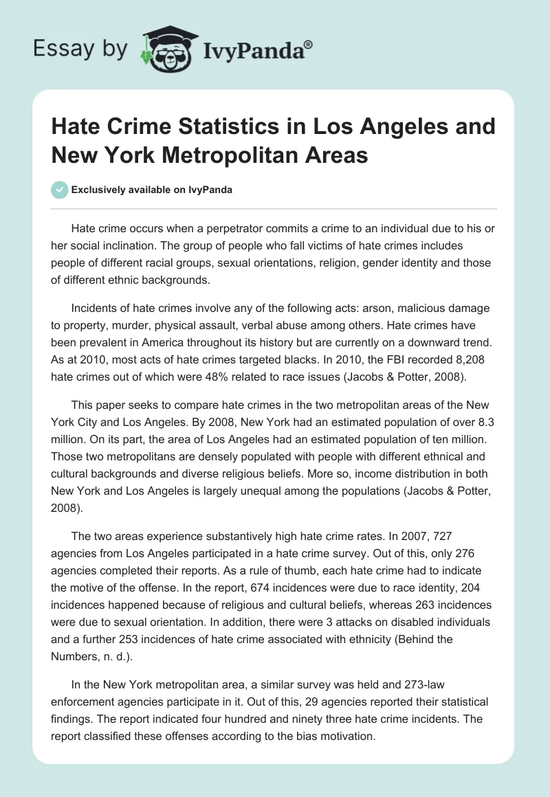 Hate Crime Statistics in Los Angeles and New York Metropolitan Areas. Page 1