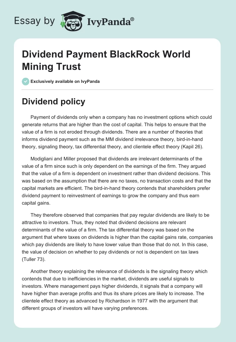 Dividend Payment BlackRock World Mining Trust. Page 1