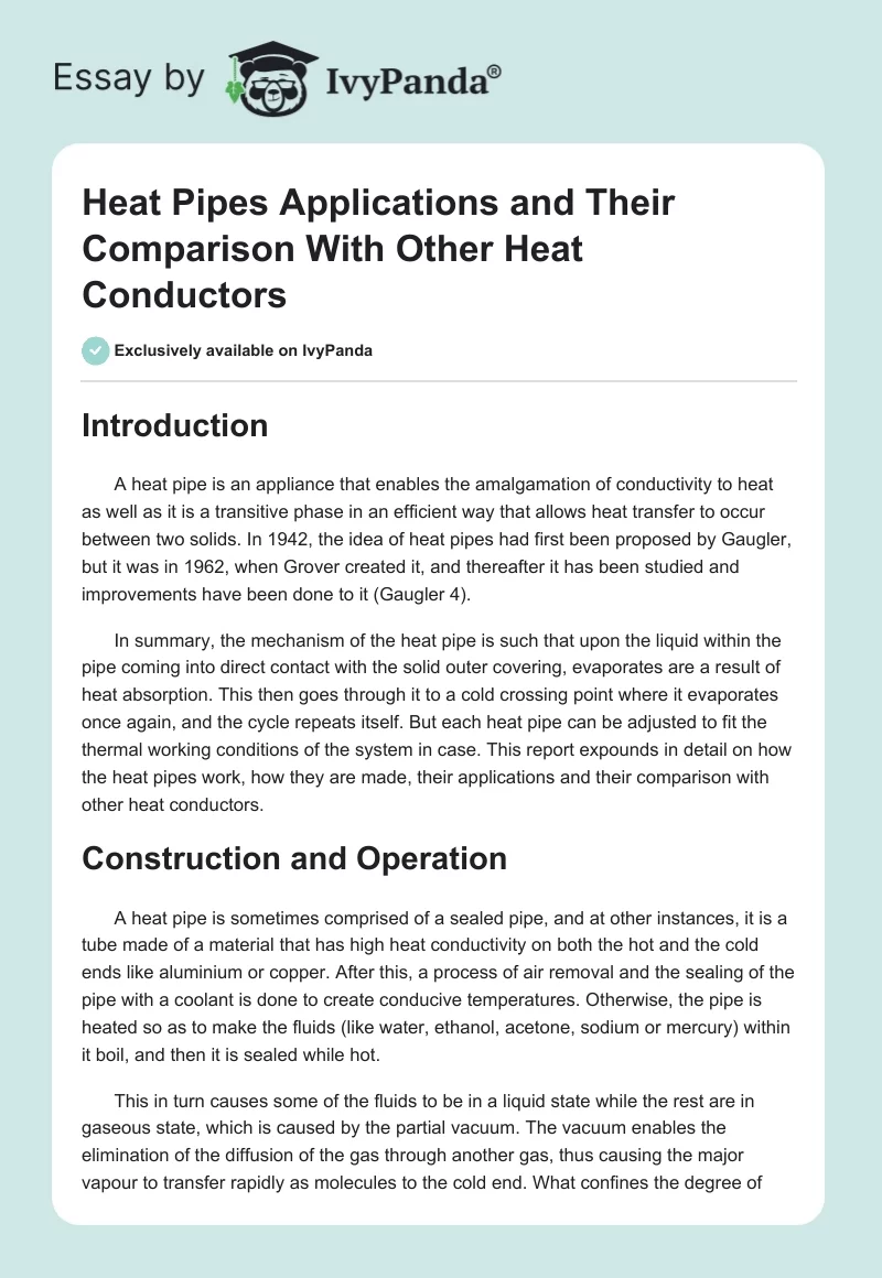 Heat Pipes Applications and Their Comparison With Other Heat Conductors. Page 1