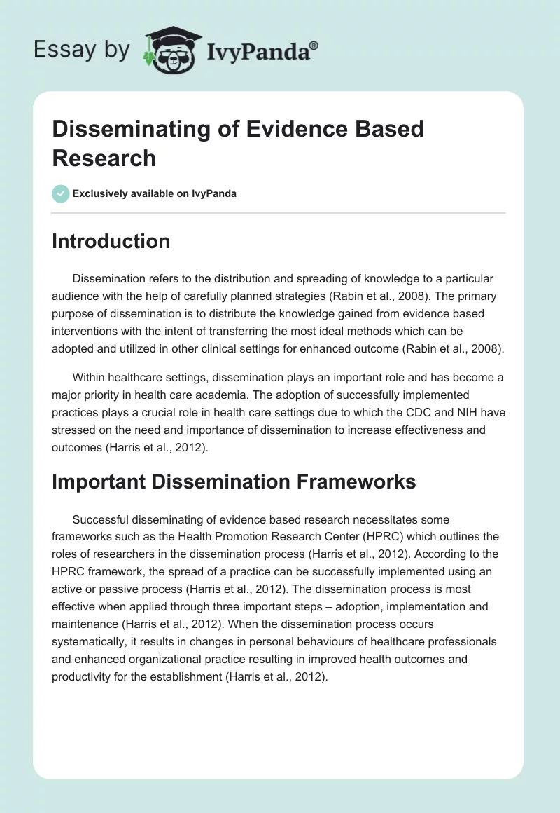 Disseminating of Evidence Based Research. Page 1