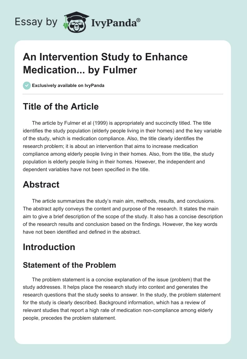 "An Intervention Study to Enhance Medication..." by Fulmer. Page 1