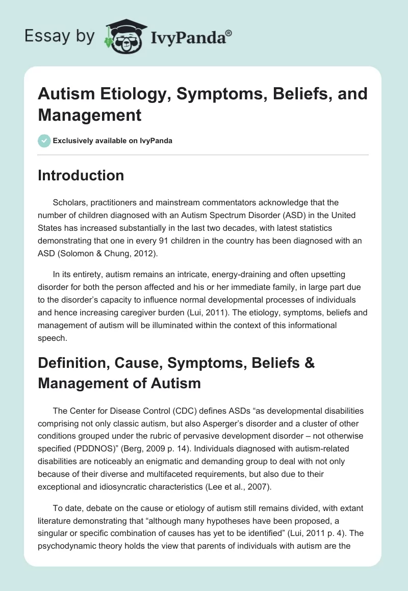 Autism Etiology, Symptoms, Beliefs, and Management. Page 1