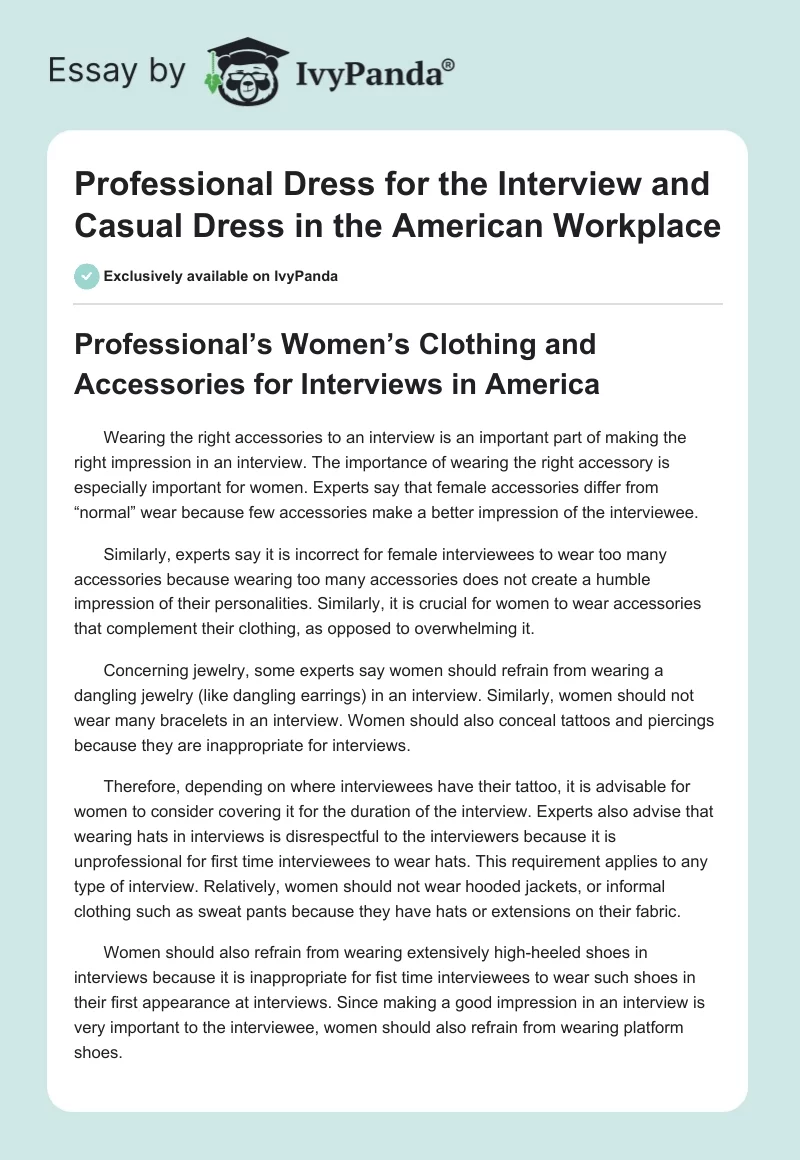 Professional Dress for the Interview and Casual Dress in the American Workplace. Page 1
