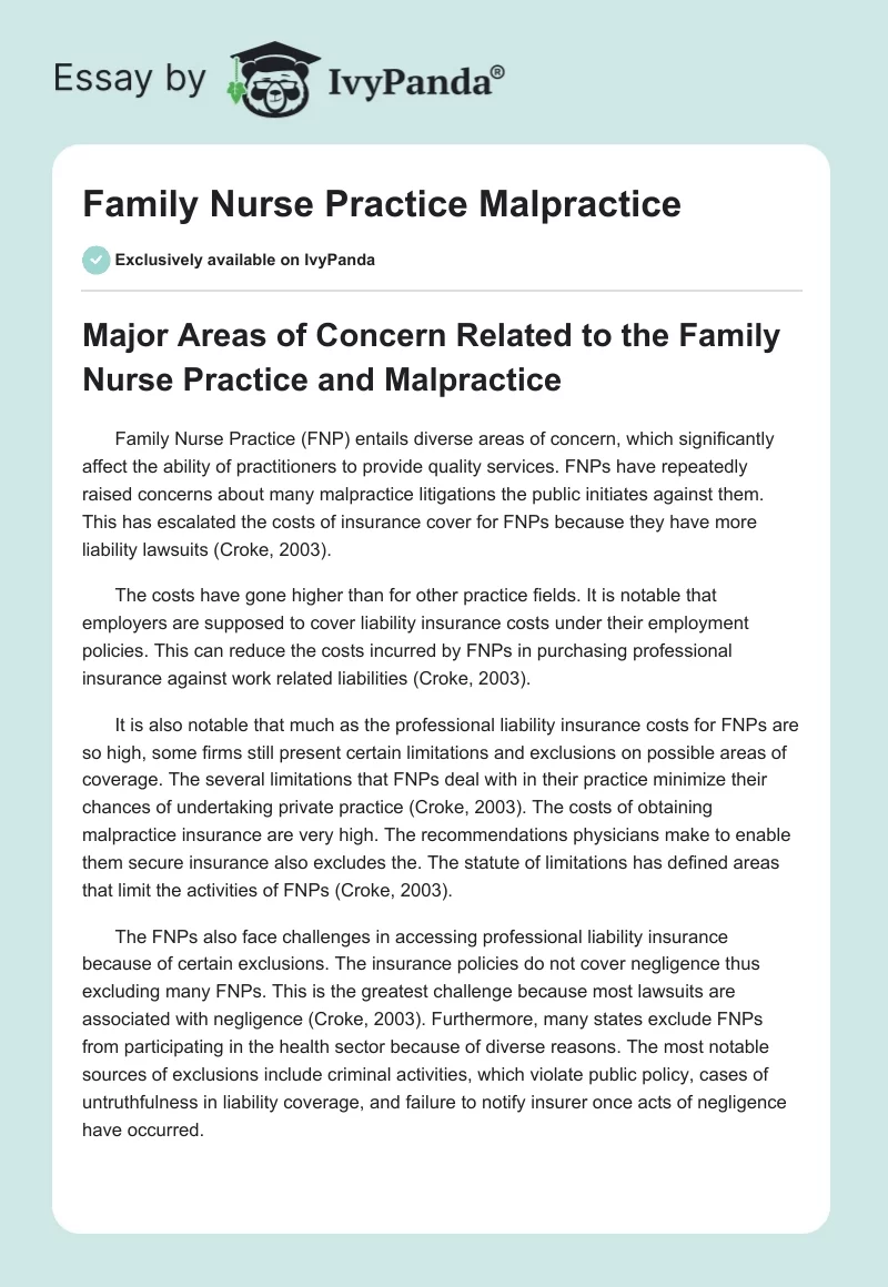 Family Nurse Practice Malpractice. Page 1