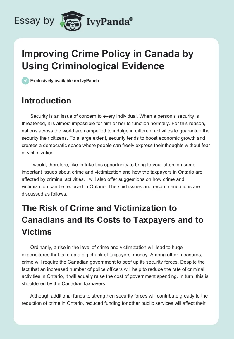 Improving Crime Policy in Canada by Using Criminological Evidence. Page 1