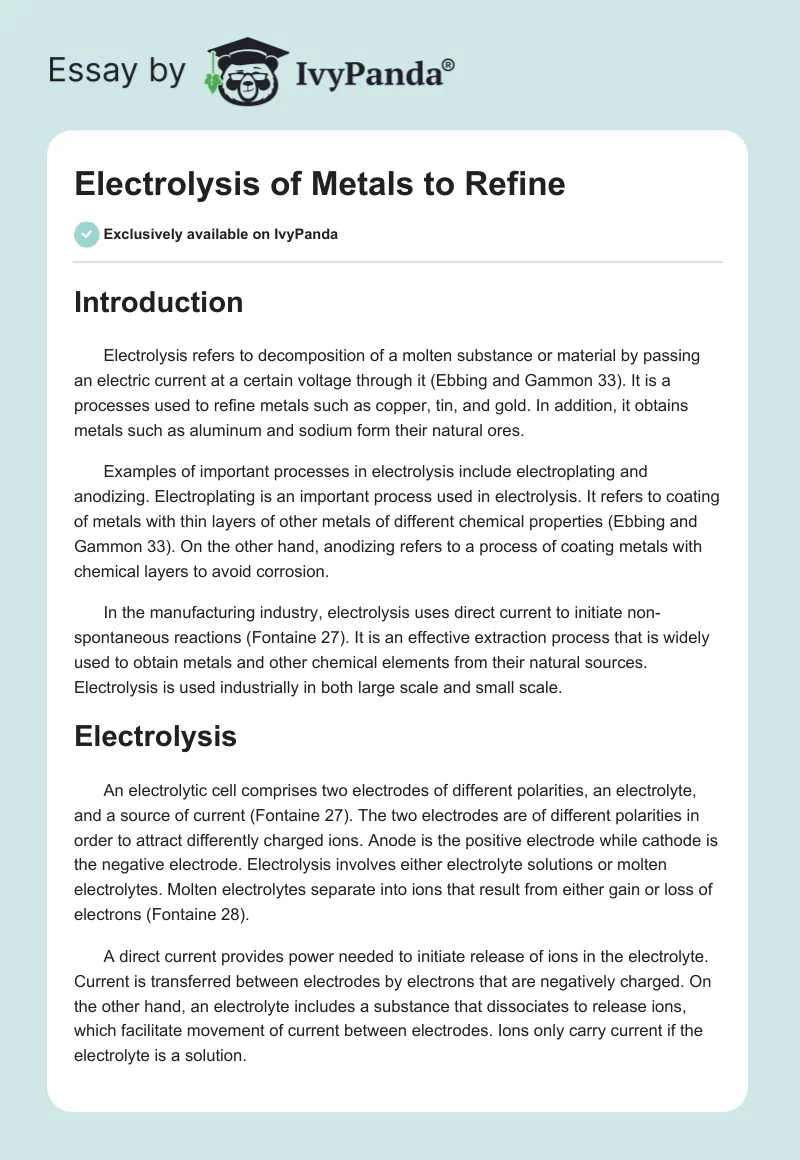 Electrolysis of Metals to Refine. Page 1