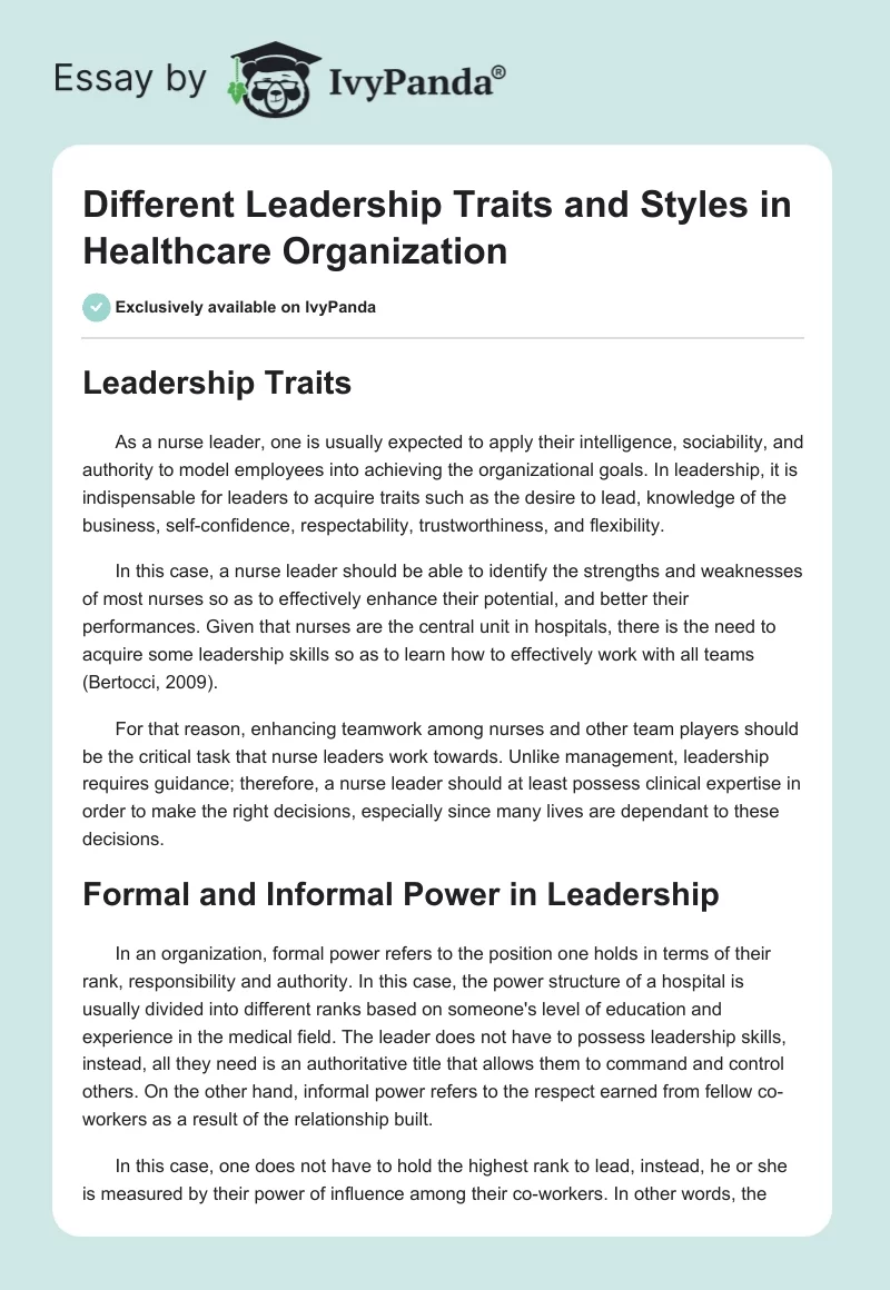 Different Leadership Traits and Styles in Healthcare Organization. Page 1