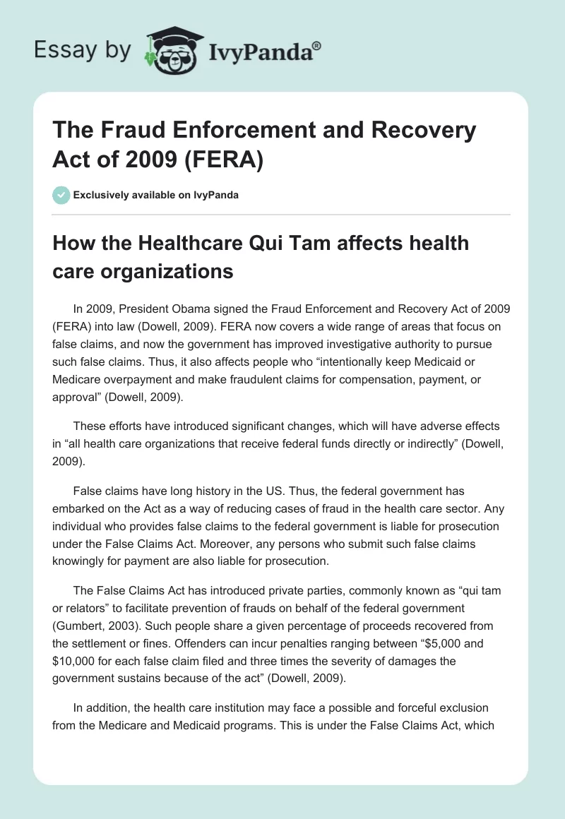The Fraud Enforcement and Recovery Act of 2009 (FERA). Page 1