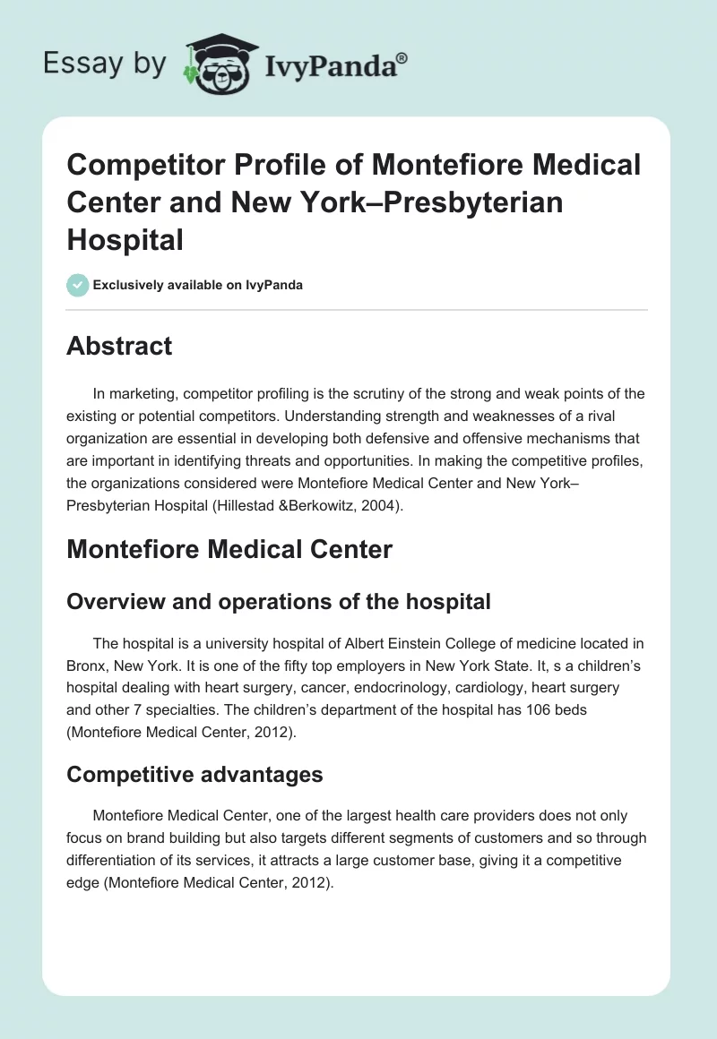 Competitor Profile of Montefiore Medical Center and New York–Presbyterian Hospital. Page 1