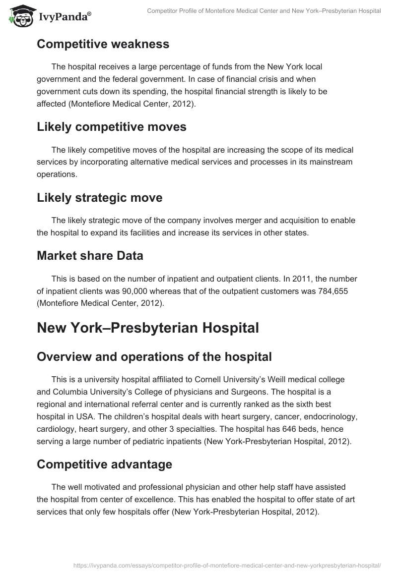 Competitor Profile of Montefiore Medical Center and New York–Presbyterian Hospital. Page 2