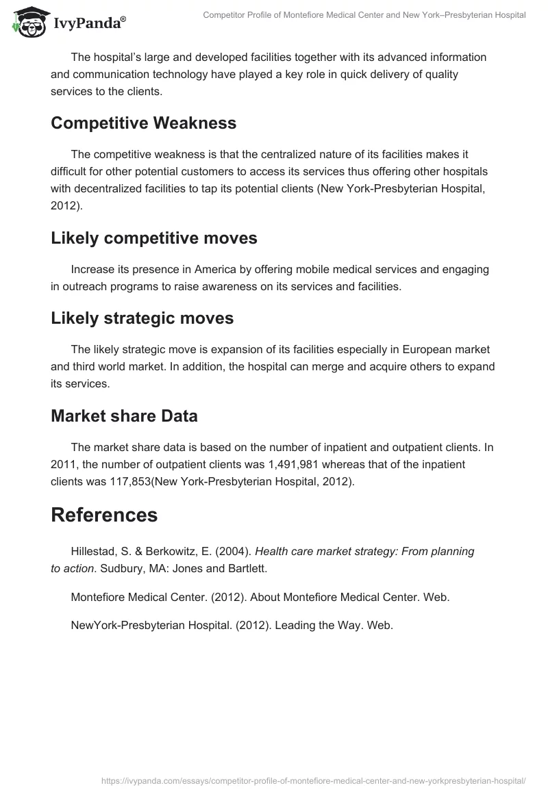 Competitor Profile of Montefiore Medical Center and New York–Presbyterian Hospital. Page 3