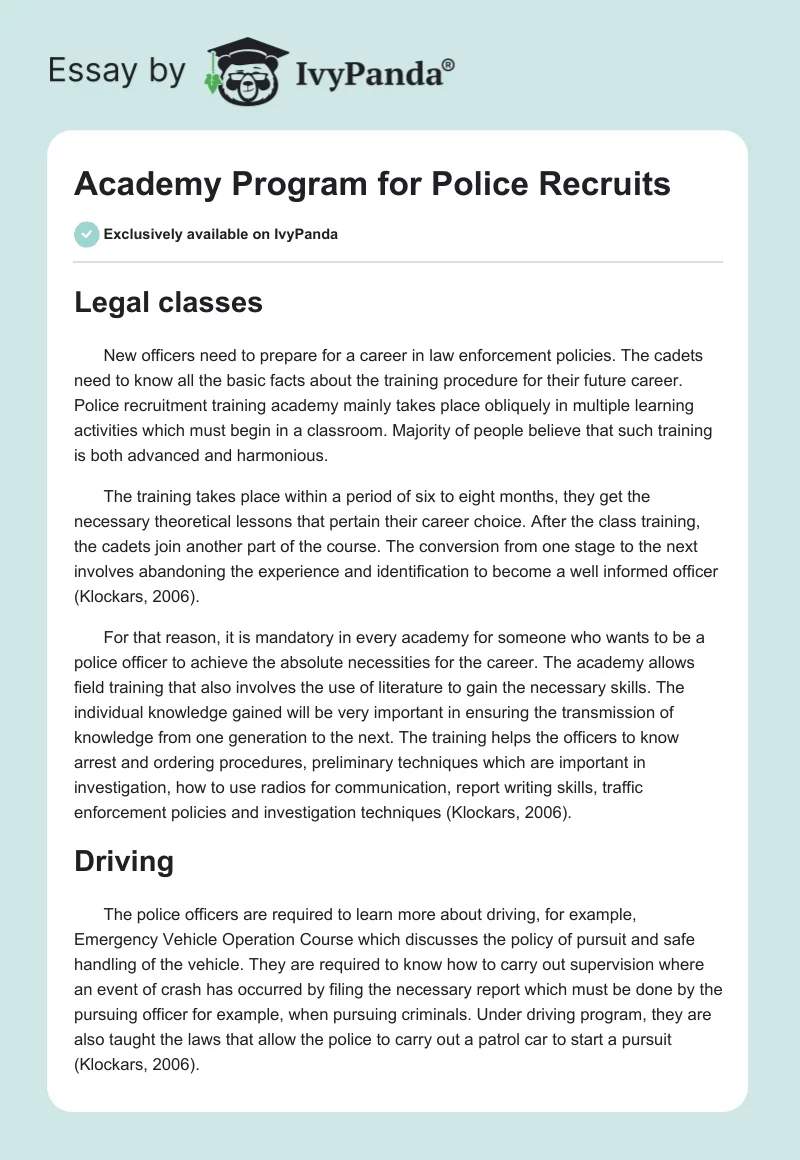 Academy Program for Police Recruits. Page 1