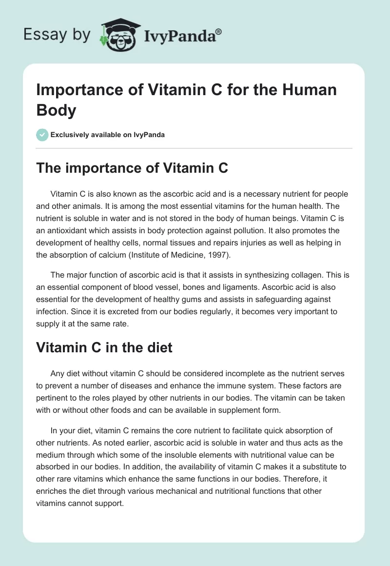 Importance of Vitamin C for the Human Body. Page 1